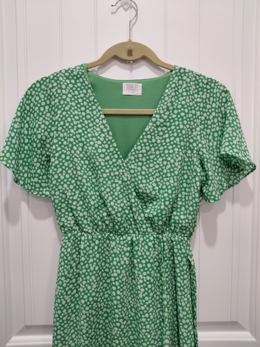 Sienna Sky Green and White High-Low Wrap Dress with Flutter Sleeves #0818 - Picture 3 of 9